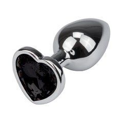 Металева анальна пробка Crystal Heart Diamond M срібляста з чорним кристалом 8,5 см - основне фото