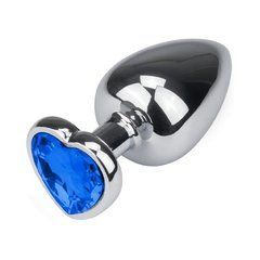 Металева анальна пробка Crystal Heart Diamond S срібляста з синім кристалом 7,5 см - основне фото