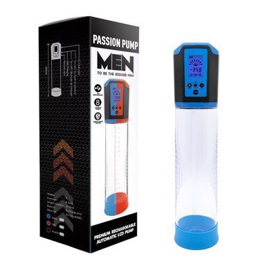 Автоматична вакуумна помпа Men Powerup Passion Pump Premium Rechargeable Automatic LCD Pump прозора з блакитним 30 см - основне фото