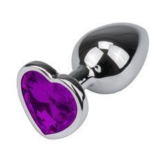 Металева анальна пробка Crystal Heart Diamond S срібляста з фіолетовим кристалом 7,5 см - основне фото
