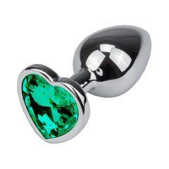 Металева анальна пробка Crystal Heart Diamond S срібляста з зеленим кристалом 7,5 см - основне фото
