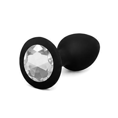 Силиконовая анальная пробка EGZO Silicone Black Round Plug S чёрная с прозрачным кристаллом 7 см - основное фото