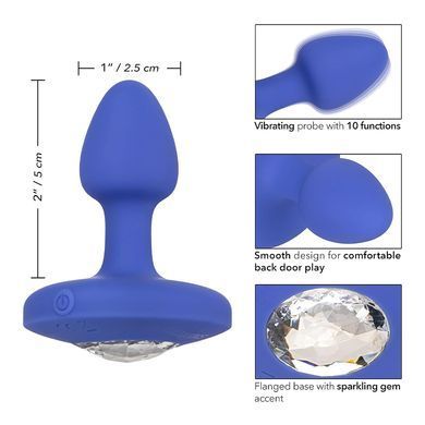 Анальна вібропробка California Exotic Novelties Cheeky Gems Small Rechargeable Vibrating Probe синя з білим каменем 5 см - основне фото