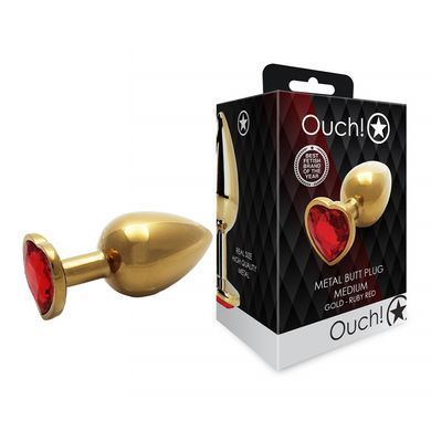 Металева анальна пробка Ouch! Heart Gem M золотиста з червоним кристалом 8,2 см - основне фото