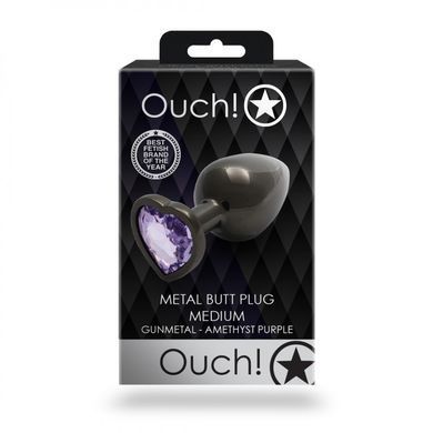 Металлическая анальная пробка Ouch! Heart Gem М чёрная с фиолетовым кристаллом 8,2 см - основное фото