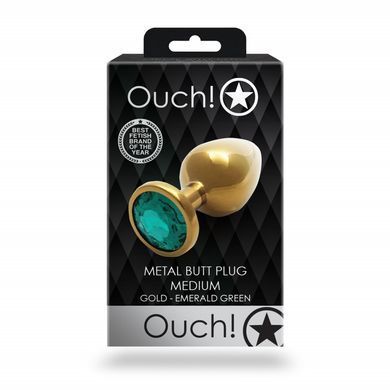 Металева анальна пробка Ouch! Round Gem M золотиста із зеленим кристалом 8,2 см - основне фото