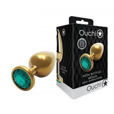 Металева анальна пробка Ouch! Round Gem M золотиста із зеленим кристалом 8,2 см - основне фото