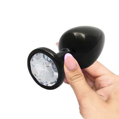 Металлическая анальная пробка Ouch! Round Gem М чёрная с прозрачным кристаллом 8,2 см - основное фото