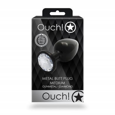Металлическая анальная пробка Ouch! Round Gem М чёрная с прозрачным кристаллом 8,2 см - основное фото
