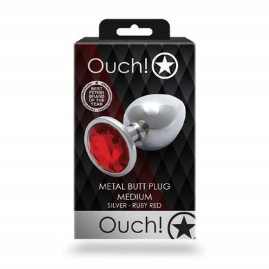 Металлическая анальная пробка Ouch! Round Gem М серебристая с красным кристаллом 8,2 см - основное фото