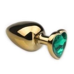 Анальна пробка Crystal Anal Plug Heart M Gold Metal Emerald золотиста із зеленим кристалом 8,5 см - основне фото