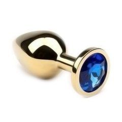 Анальна пробка Crystal Anal Plug S Gold Metal Sapphire золотиста з синім кристалом 7,5 см - основне фото